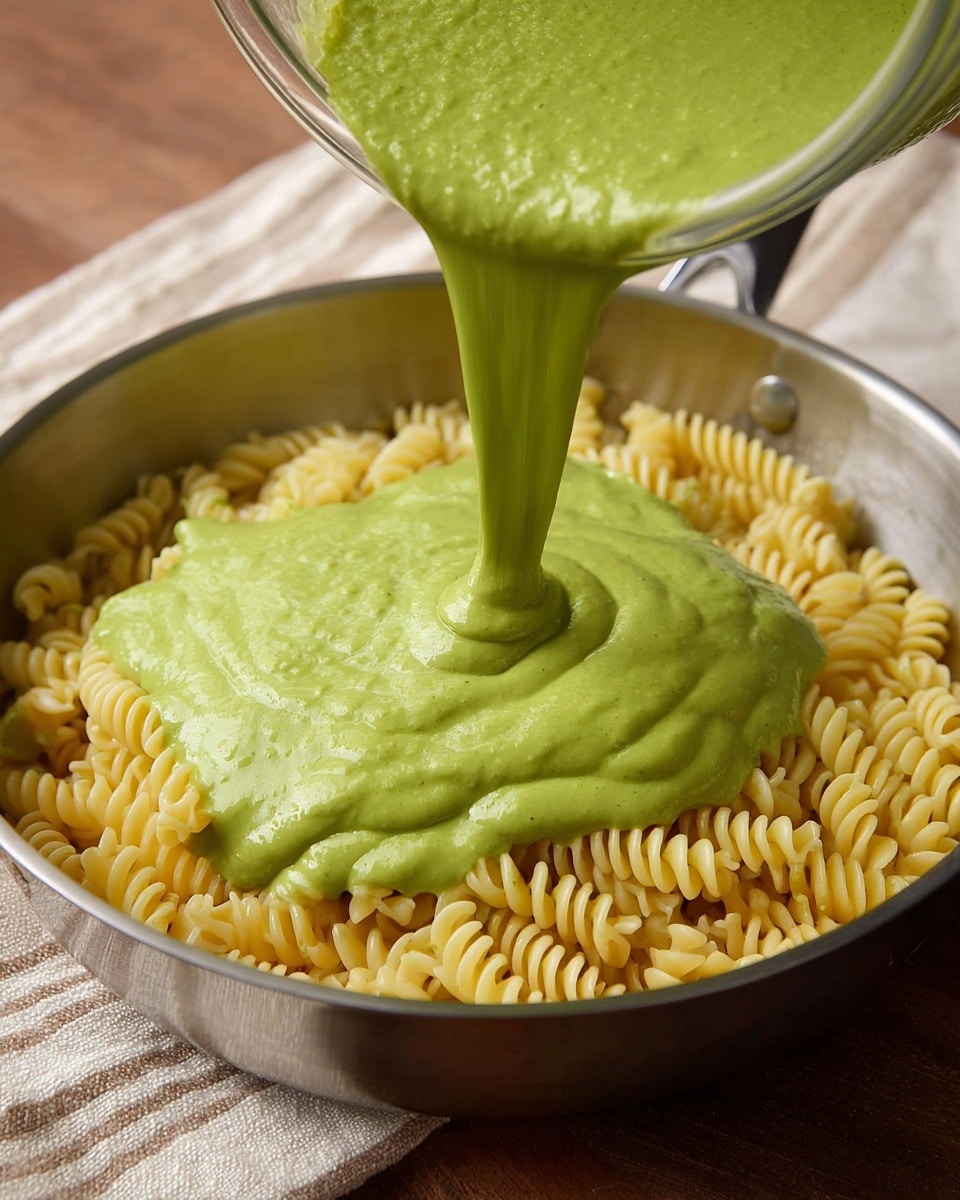 The image shows a close-up of a metal pan filled with light yellow spiral pasta as the base layer. A thick, smooth, bright green sauce with a slightly glossy texture is being poured over the pasta from a container positioned at the top right corner. The green sauce covers the pasta unevenly, creating a fluid, natural flow on top of the spirals. The pan rests on a wooden surface with a beige and white striped cloth partially visible in the background. The photo taken with an iphone --ar 4:5 --v 7