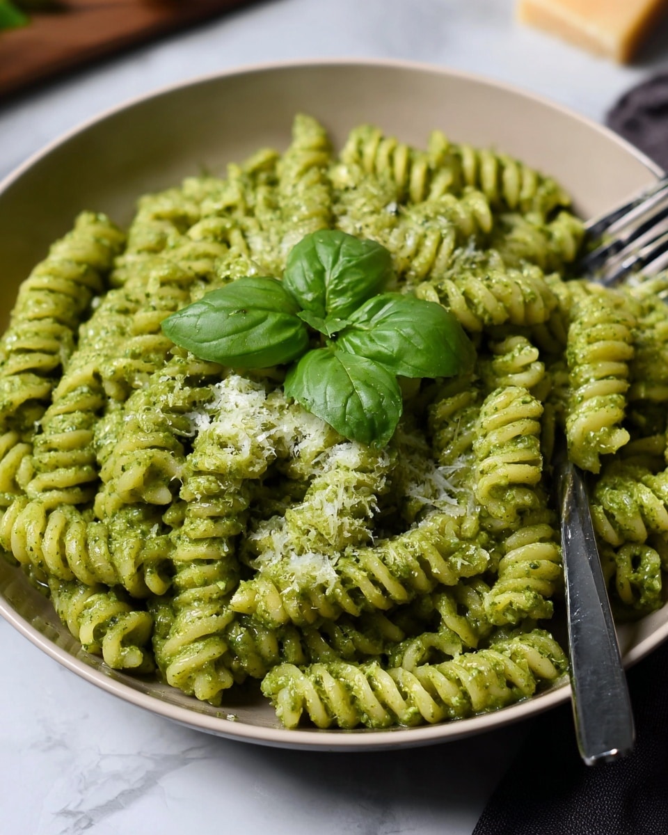The image shows a bowl filled with green spiral pasta coated in a creamy pesto sauce. The pasta is tightly packed in layers, each spiral covered with a thick, textured green sauce that has a slightly oily shine. Small bits of grated cheese are sprinkled on top, adding a light speckled pattern over the pasta. At the center, there are three fresh basil leaves placed as garnish. The bowl is white and round, sitting on a white marbled surface with a silver fork partially visible on the right side of the bowl. Photo taken with an iphone --ar 4:5 --v 7