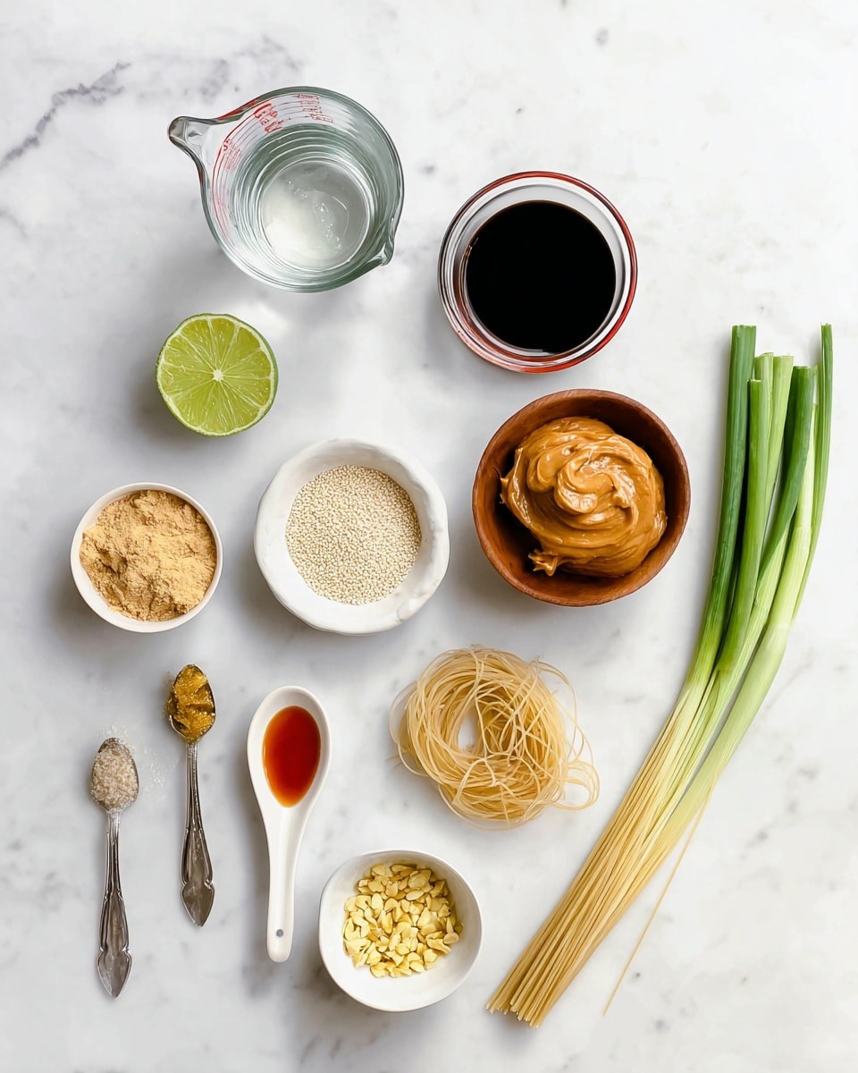 A top view of various cooking ingredients arranged neatly on a white marbled surface. There is a clear glass measuring cup with water on the top left, a small transparent glass filled with a dark liquid right next to it, and a small brown bowl filled with creamy peanut butter on the top right. In the center is a small white circular dish holding a reddish-brown sauce. To the left, half a lime shows its pale green interior, and below that, a small white bowl is filled with light brown sugar. In the middle bottom, a small wooden bowl contains crushed peanuts, and next to it on the right are two long green onions with a fresh green color. On the bottom left, a white ceramic spoon is filled with a dark amber liquid. Beside it, two metal measuring spoons hold minced yellow ginger and tiny beige sesame seeds respectively. Thin, pale noodle strands lie loosely on the right side of the image. photo taken with an iphone --ar 4:5 --v 7