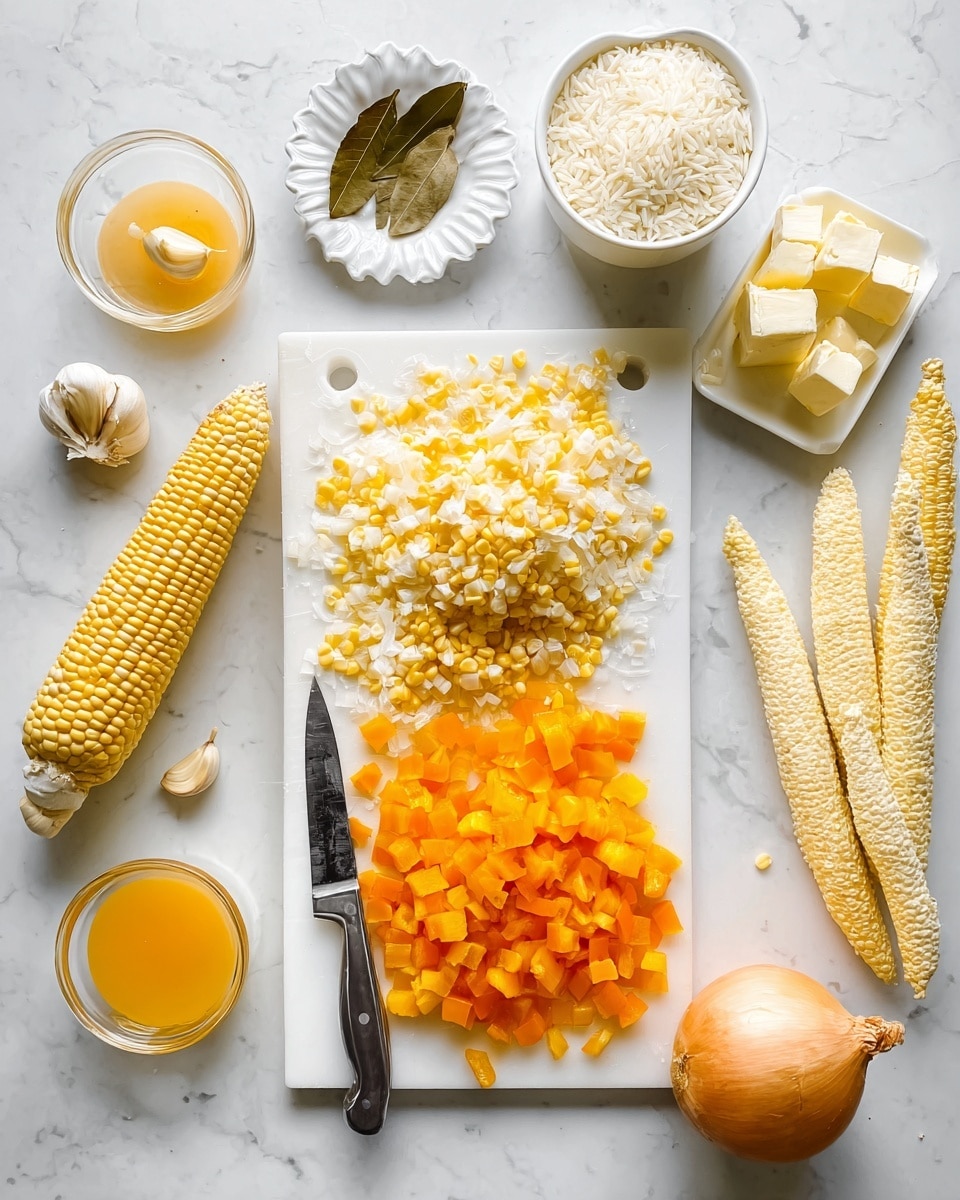 The image shows a white cutting board on a white marbled surface with various fresh ingredients arranged on and around it. On the cutting board, there are three layers: a whole corn cob in yellow and white on the left side, freshly cut light yellow corn kernels spread in the middle, and a pile of diced orange bell peppers at the bottom right. A sharp knife rests on the right side of the board above the diced peppers and kernels. Near the board, there is a whole light brown onion at the bottom right, three long corn cobs with mostly bare yellow and white kernels to the right, and a few cubes of pale yellow butter on white paper above the knife. On the marble surface to the top left, cloves of garlic and a small white scalloped dish hold three brown bay leaves. Two clear glasses sit to the bottom left, the top one filled with an orange liquid and the bottom one with a pale yellow liquid. A round white bowl filled with white grains, likely rice, sits just above the glasses. At the top center, a white bowl is filled with a light powdery ingredient, likely grated cheese or breadcrumbs. The photo is taken with an iphone --ar 4:5 --v 7