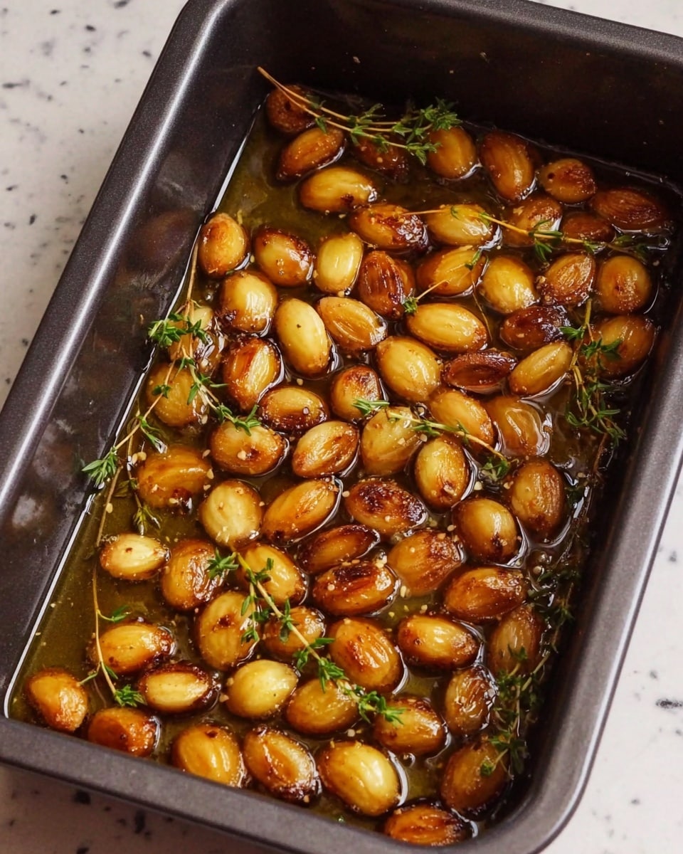 The image shows a dark rectangular baking pan with a single layer of golden-brown roasted garlic cloves, glossy with oil. Sprigs of fresh green herbs, possibly thyme, are scattered among the garlic, soaking in a pool of shiny olive oil at the bottom of the pan. The baking pan is placed on a white marbled textured surface. photo taken with an iphone --ar 4:5 --v 7