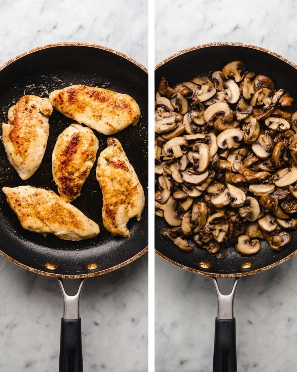 Two images side by side show a black pan on a white marbled surface. The left image has four golden brown cooked chicken pieces evenly spaced inside the pan, showing a smooth, slightly shiny texture with some darker browned spots. The right image shows the same pan now filled with many small sliced mushrooms, light brown in color with visible gills and a slightly softened look from cooking. The pan handle points downwards, and the background is a white marbled surface. photo taken with an iphone --ar 4:5 --v 7