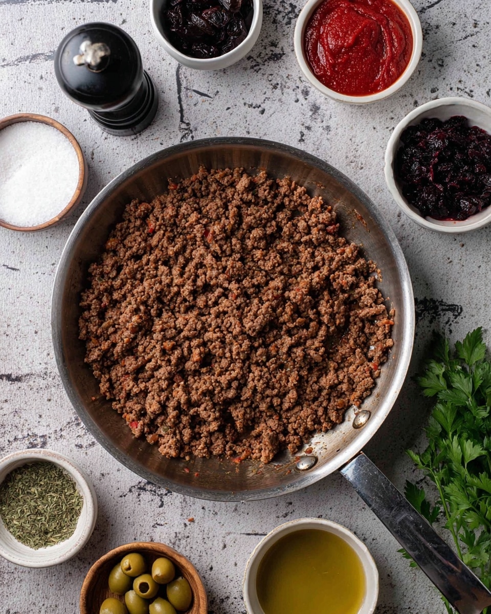 A large silver pan filled with one layer of cooked ground meat that is brown and crumbly, centered on a gray surface with a white marbled texture. Around the pan, several small white bowls hold different colorful ingredients: a bright red paste in one bowl at the top right, dried dark berries in a bowl to the left, dark sauce in a small bowl at the bottom, green dried herbs in a bowl at the bottom left, and green olives in a wooden bowl at the bottom right. There is also a small wooden bowl with white salt at the top left, a black pepper grinder near the top center, and fresh green parsley leaves to the right of the pan. Photo taken with an iphone --ar 4:5 --v 7