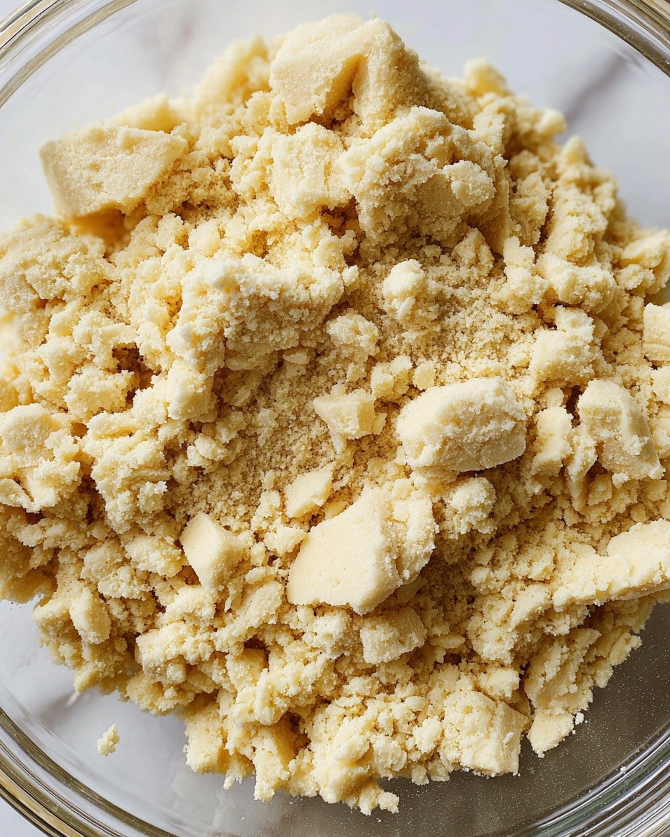 The image shows light yellow crumbly dough pieces inside a clear glass bowl. The dough is unevenly broken into small and medium chunks, with a grainy texture. The bowl is placed on a white marbled surface, which is slightly visible around the edges. The close-up view emphasizes the rough and dry texture of the dough crumbs. photo taken with an iphone --ar 4:5 --v 7