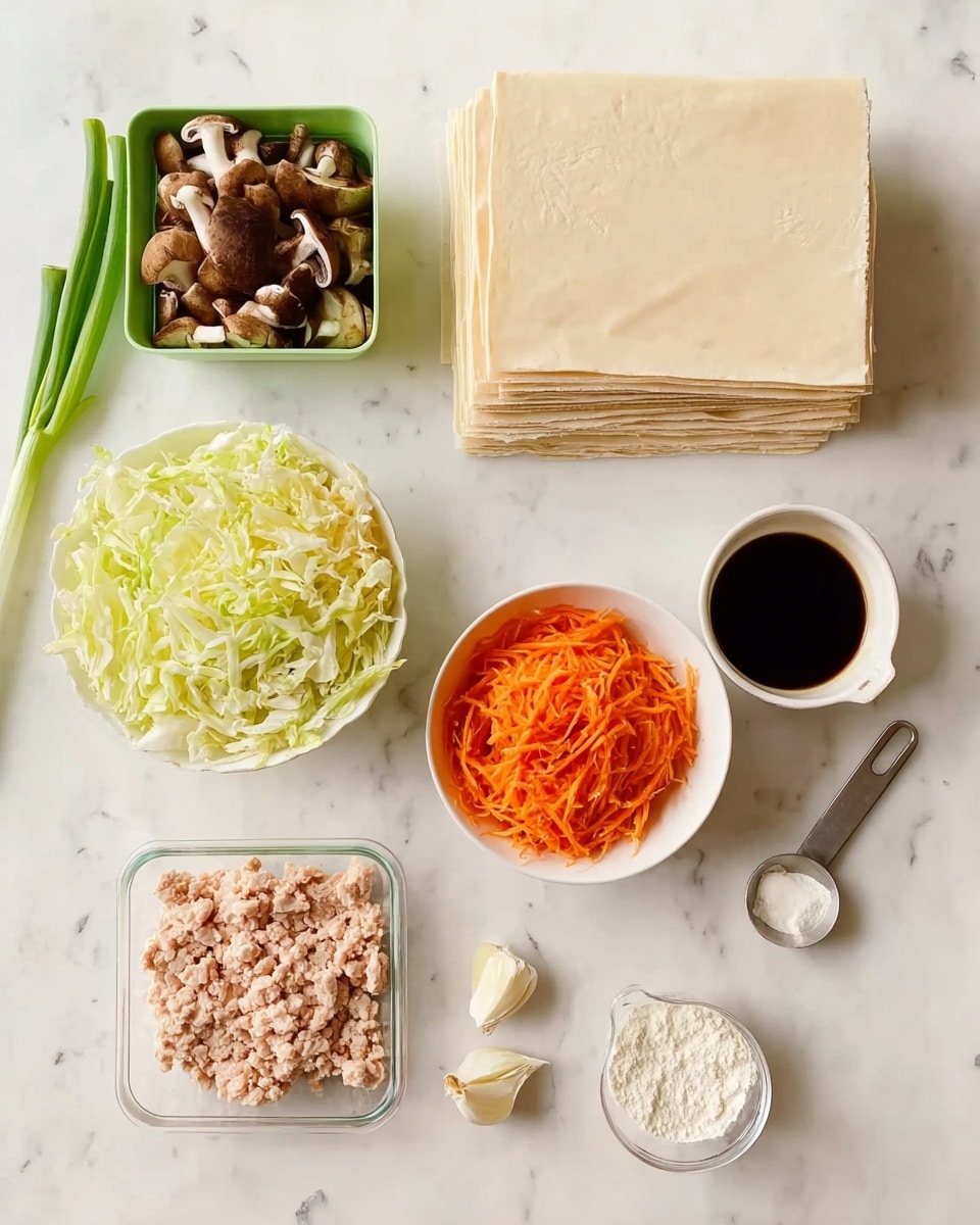 A top-down view of ingredients laid out neatly on a white marbled surface, including a stack of beige square wrappers in the top right corner. Below the wrappers is a small white bowl with bright orange shredded carrots. To the left of the carrots is a white bowl filled with finely shredded pale yellow cabbage. Above the cabbage is a green container holding chopped brown mushrooms. To the left of the mushrooms, two green onions rest vertically on the surface. At the bottom left, a clear container holds light pink ground chicken. Near the center are two white garlic cloves next to a small bowl of dark soy sauce, with a silver measuring spoon filled with white flour placed below it, and a small white jug containing a light-colored liquid near the bottom right. photo taken with an iphone --ar 4:5 --v 7