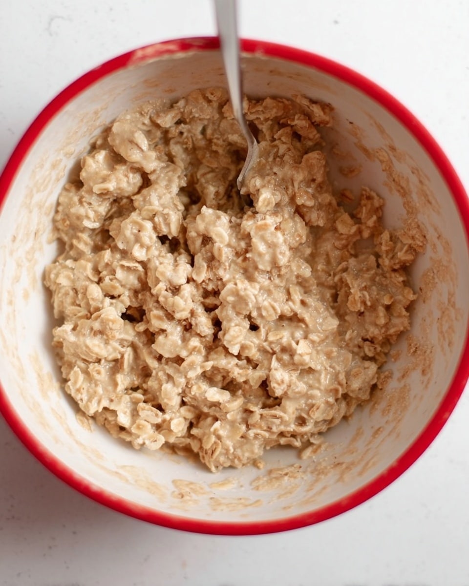 A close-up view of a bright white bowl filled with a thick, chunky oatmeal mixture that looks wet and sticky, with soft creamy beige and light brown oats clumped together. A thin metal spoon is partially buried in the oats, standing upright in the bowl. The background is a white marbled texture, creating a clean and simple setting. photo taken with an iphone --ar 4:5 --v 7