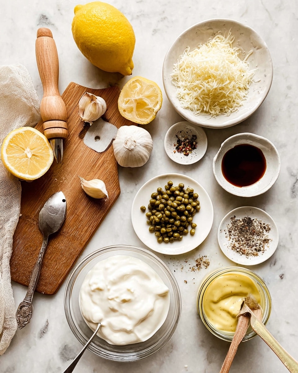 A white marbled surface holds several items for cooking: at the top center is a whole bright yellow lemon and a lemon half around a wooden citrus reamer; to the right is a white bowl filled with finely grated pale cheese. Below the lemon, a small white bowl containing dark liquid sits next to a white plate holding green capers. At the bottom center, a wooden cutting board shows fresh minced garlic near a knife with a wooden handle, with a whole garlic bulb near the bottom edge. A clear glass bowl with smooth white yogurt or cream and a metal spoon is on the left. In the bottom right corner, there is a small glass jar with pale yellow mustard and a wooden spoon resting in it. Other ingredients like oil and ground black pepper sit scattered around the scene. photo taken with an iphone --ar 4:5 --v 7