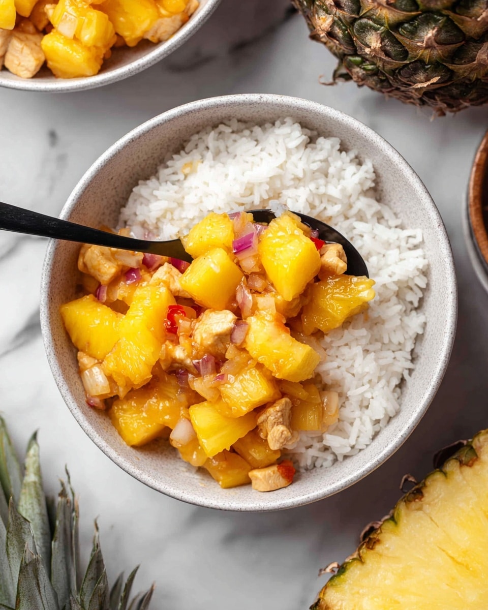 A bowl filled with three main layers: the bottom layer is white rice with a soft, fluffy texture. On top of the rice, there are bright yellow chunks of cooked pineapple that appear juicy and slightly shiny. Mixed in with the pineapple are pieces of light brown cooked chicken and small chunks of red onion with a slightly charred texture. A black spoon rests inside the bowl, scooping up some of the rice, pineapple, chicken, and onion. The bowl is placed on a white marbled surface, with part of a whole pineapple and some other bowls partially visible around it. photo taken with an iphone --ar 4:5 --v 7