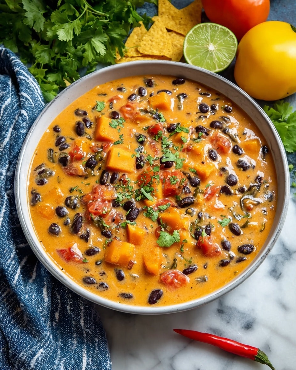 A deep white bowl is filled with a thick, creamy stew that has three visible layers of ingredients: an orange creamy base with small pieces of orange squash or sweet potato, black beans scattered evenly throughout, and chopped tomatoes mixed in. The stew is garnished with small green cilantro leaves sprinkled on top. The bowl sits on a white marbled surface with a blue and white striped cloth nearby, along with yellow squash, a lime, red chili peppers, fresh cilantro leaves, and some yellow tortilla chips placed around it. photo taken with an iphone --ar 4:5 --v 7
