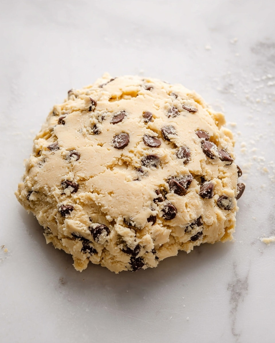 The image shows a single large round mound of uncooked chocolate chip cookie dough resting on a white marbled surface. The dough is light beige in color with many small, dark brown chocolate chips evenly mixed throughout. The texture of the dough looks slightly crumbly and soft with some visible cracks and bits of flour on the surface. The dough mound is irregular but roughly circular in shape, lying directly on the smooth white marbled background. photo taken with an iphone --ar 4:5 --v 7