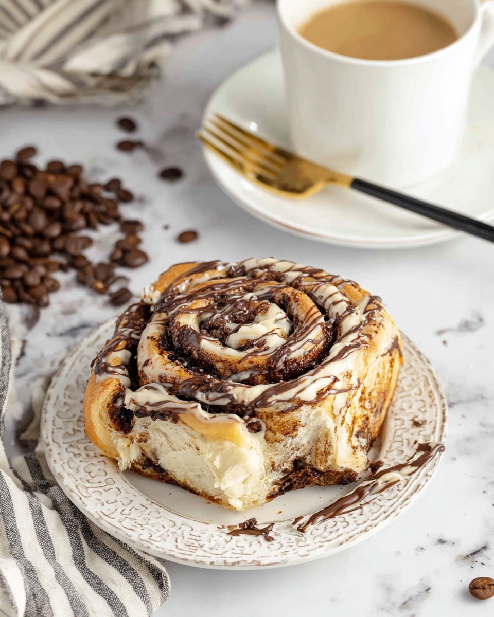A close-up image of one cinnamon roll with cream-colored frosting swirled with chocolate-like streaks on top, showing the soft dense texture of the dough and dark brown cinnamon filling within the spiral layers; the roll sits on an intricately designed white plate with some torn pieces in front, placed on a white marbled surface scattered with coffee beans. Behind the plate is a white cup filled with beige coffee on a matching saucer, with a gold and black fork beside the roll and a striped cloth partially visible in the background. Photo taken with an iphone --ar 4:5 --v 7
