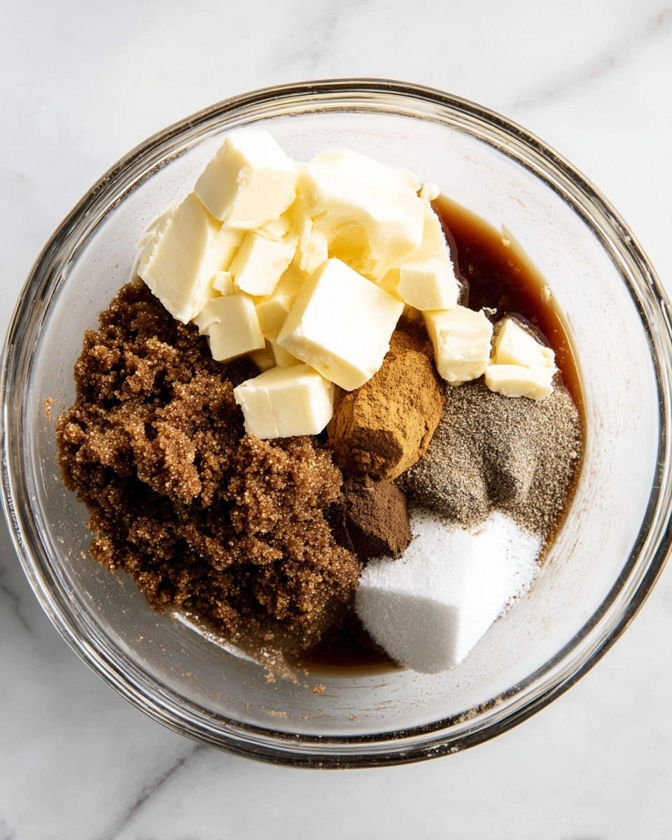 The image shows a clear glass mixing bowl on a white marbled surface filled with several ingredients. At the bottom left and center is a large pile of dark brown sugar with a grainy texture, next to it in the bottom right is smaller white sugar scattered about. Above these sugars are several uneven chunks of pale yellow butter. To the right of the butter are two different colors of powder spices - one dark brown, the other a mix of brown and gray. Behind these ingredients, there is a thicker dark brown liquid, visible through the glass bowl, creating a layered effect. Photo taken with an iphone --ar 4:5 --v 7