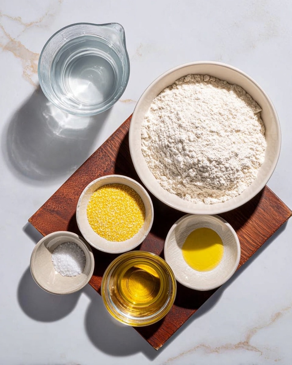 A white measuring jug filled with clear water is placed on the left side casting a soft shadow. On a dark wooden board, there are six small bowls arranged neatly: a large white bowl filled with a white flour mixture sits at the top right, below it a medium white bowl contains yellow cornmeal. Between these two bowls, there are four smaller bowls with different ingredients - two clear glass bowls with golden oil on top, a clear glass bowl with dry yeast beneath the oils, and a small ceramic bowl with white salt to the left of the yeast. The surface beneath everything is a white marbled texture. photo taken with an iphone --ar 4:5 --v 7