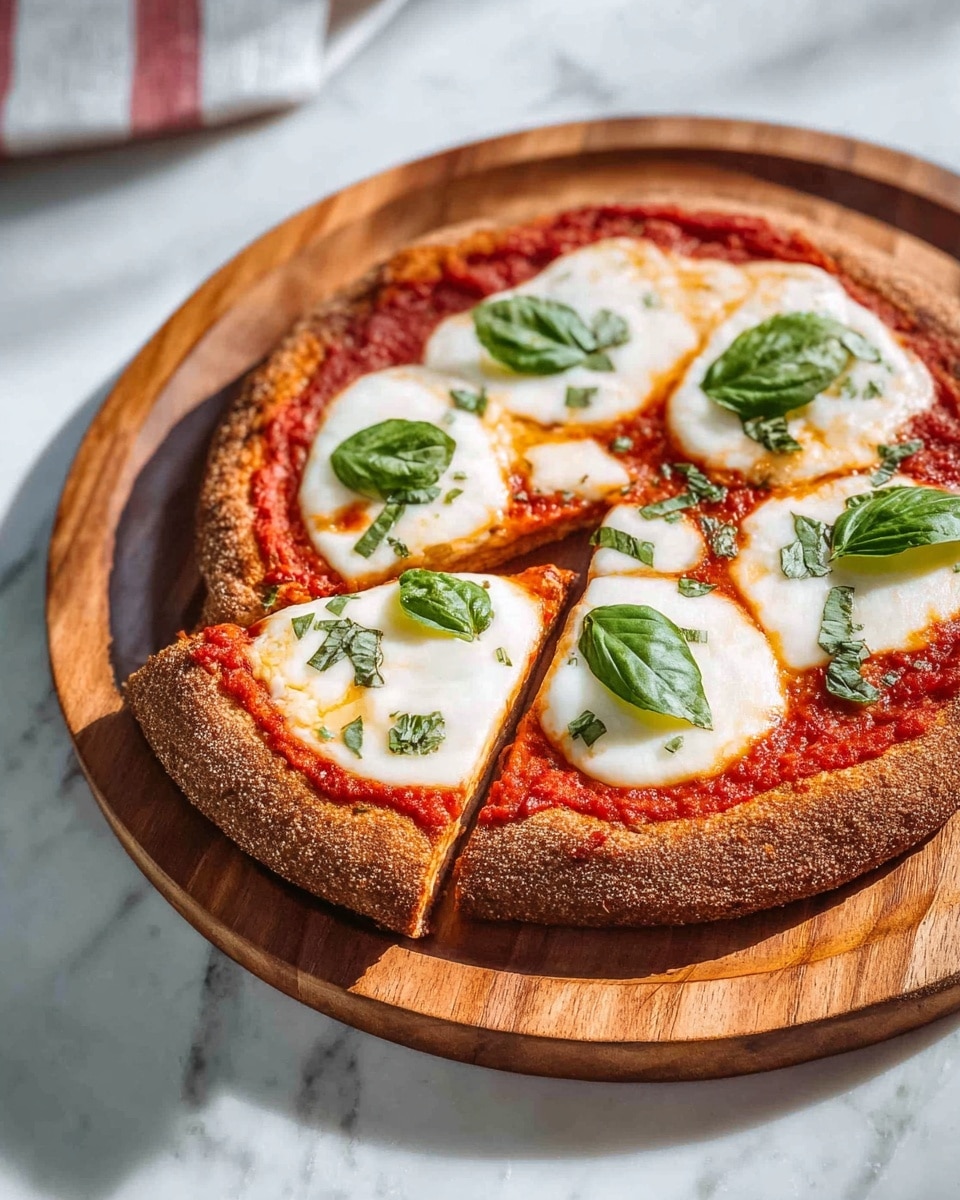 A pizza with three clear layers is shown: the base is a thick, brown, whole-grain crust with a rough texture, topped with a layer of bright red tomato sauce spread evenly but not covering the crust. On top of the sauce, there are six white melted mozzarella slices with some golden brown spots, arranged in a circle. Fresh green basil leaves are scattered over the cheese, adding a pop of color. The pizza is placed on a round wooden board, and the scene is set on a white marbled surface with soft natural lighting. photo taken with an iphone --ar 4:5 --v 7