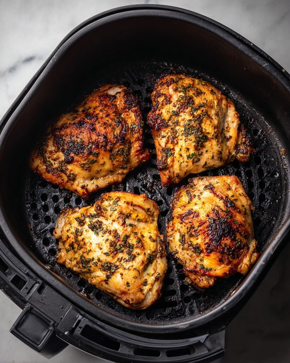 Inside a black air fryer basket, there are four thick pieces of cooked chicken thighs. Each piece has a golden brown color with darker charred spots and visible dark green herbs sprinkled on top. The chicken pieces sit separately but close to each other on the basket's black mesh surface. The background around the air fryer is a white marbled texture. photo taken with an iphone --ar 4:5 --v 7