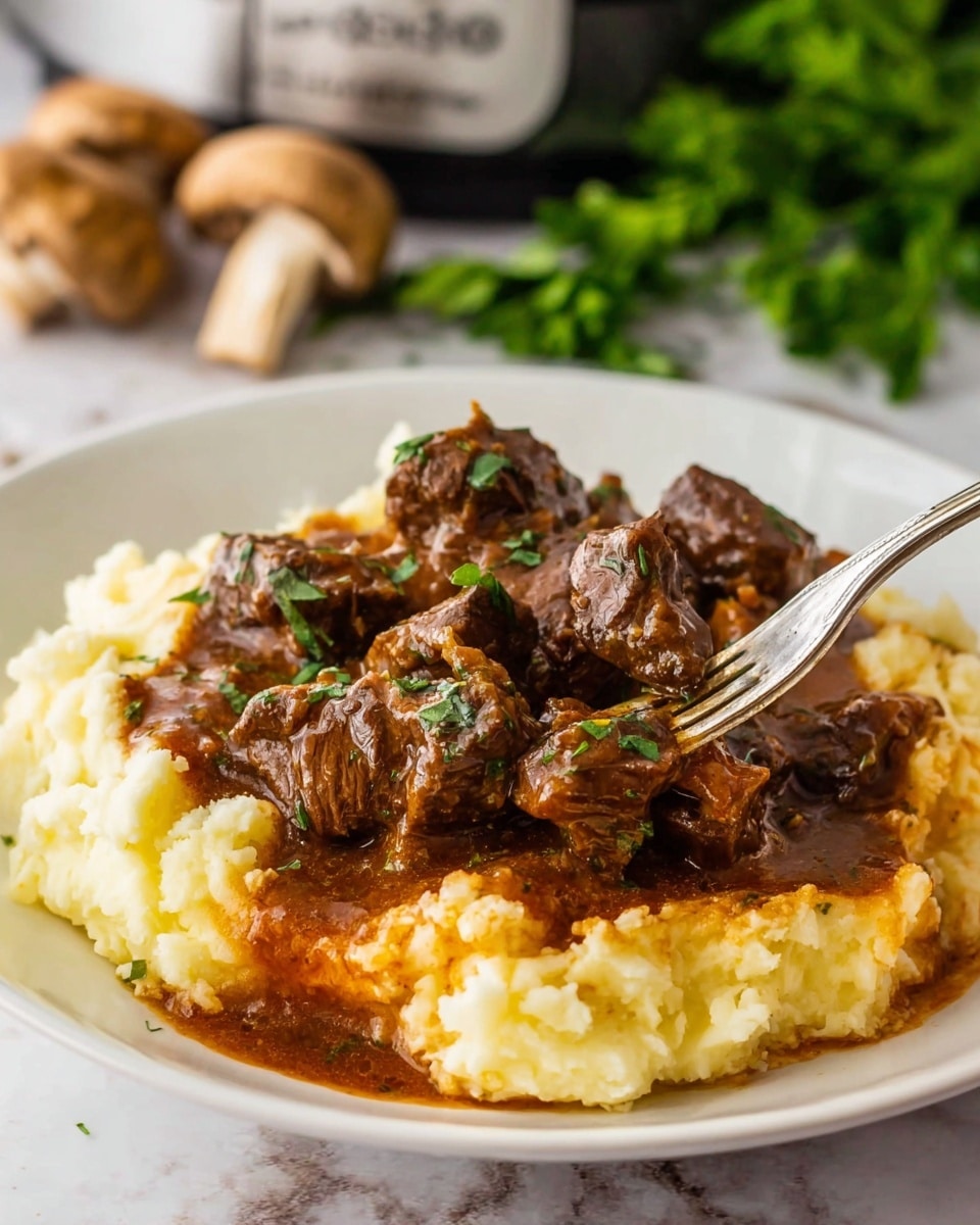 A white plate holds a dish with two main layers. The bottom layer is creamy mashed potatoes, light yellow and fluffy in texture. On top of this is a rich dark brown beef stew with thick sauce, chunky pieces of tender beef, and small bits of green herbs sprinkled on top. A silver fork is pressing into the beef stew from the right side. The background surface is white marbled, with blurred green leaves and a mushroom in the back. Photo taken with an iphone --ar 4:5 --v 7