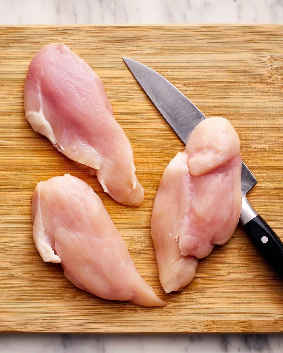 Four pieces of raw pale pink chicken, with one piece on top of a large knife with a black handle, all placed on a light wooden cutting board with visible grain. The four pieces are spread out, showing smooth, moist texture on the chicken. The background is a white marbled texture. photo taken with an iphone --ar 4:5 --v 7