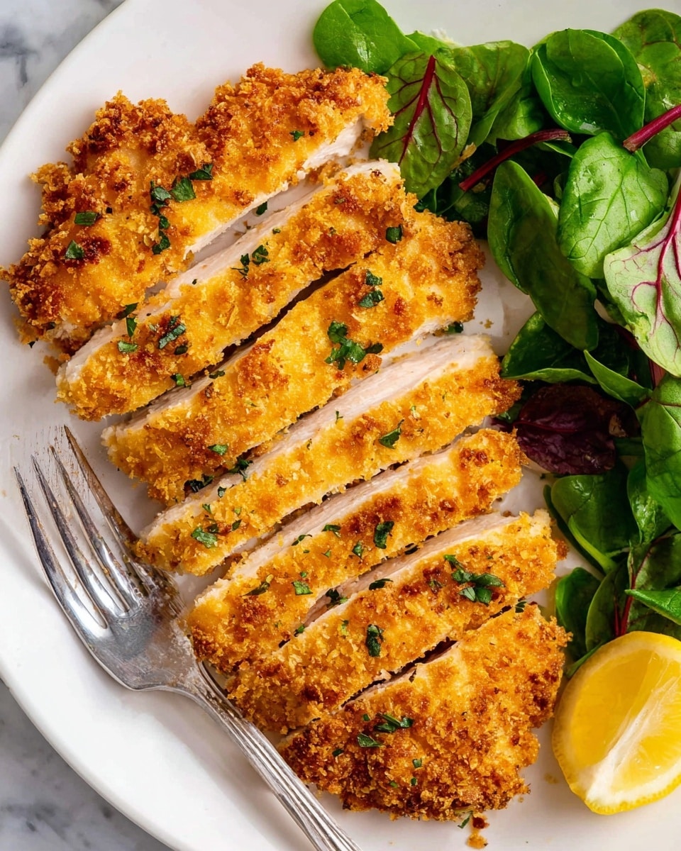 The image shows a white plate with six pieces of golden brown crispy fried chicken sliced in layers, revealing the white, tender inside of the meat. The crunchy coating is uneven but thick, with small bits and specks of herbs sprinkled on top. To the right side of the plate, there is a small bunch of fresh green leafy salad, which includes spinach leaves with red veins. In the bottom right corner of the plate, a bright yellow lemon slice adds a fresh touch. A silver fork rests under the chicken slices on the left side, blending into the scene. The plate is set on a white marbled surface. photo taken with an iphone --ar 4:5 --v 7