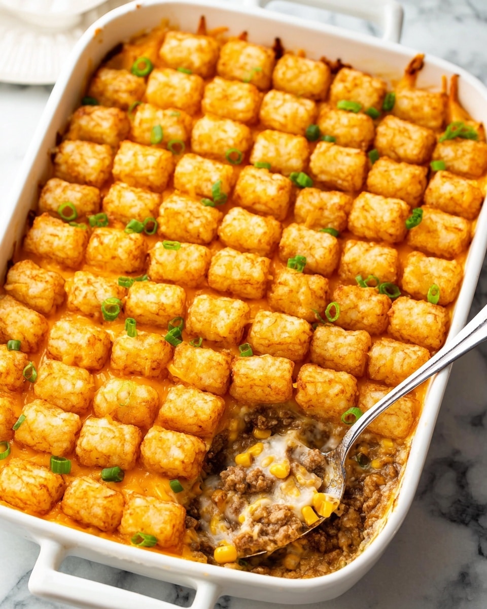 The image shows a white rectangular baking dish filled with a baked dish that has three clear layers. The bottom layer consists of a mix of cooked ground meat, corn, and small chopped onions in a creamy sauce. The middle layer has melted light orange cheese spread evenly over the meat mixture. The top layer is made up of golden-brown tater tots arranged neatly in rows, covering the entire dish. Small green chopped scallions are sprinkled on top of the tater tots. A metal spoon is scooping out a portion from the bottom right side, revealing all layers inside. The dish sits on a white marbled surface. Photo taken with an iphone --ar 4:5 --v 7