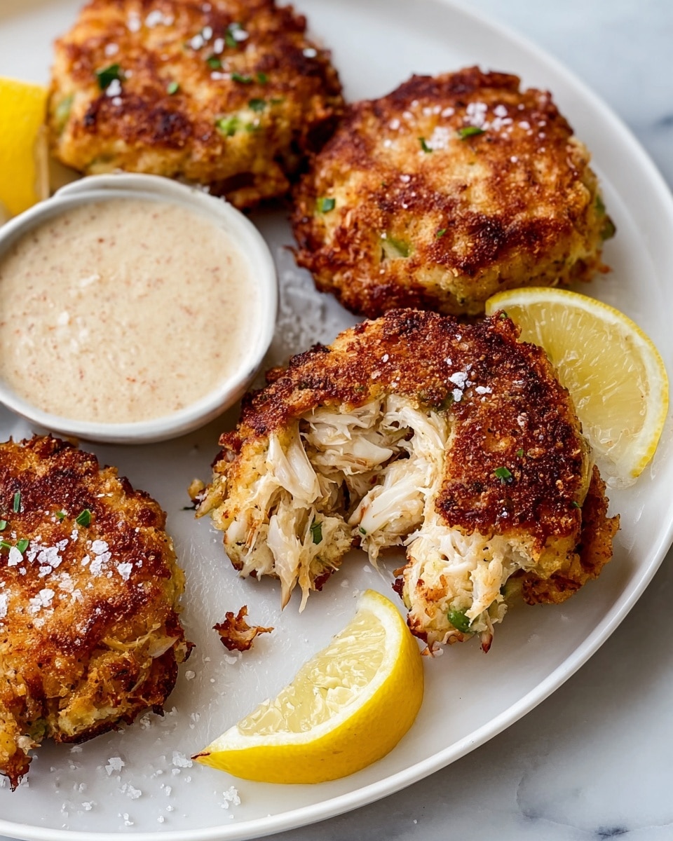 The image shows five golden-brown crab cakes with a crispy texture and bits of green herbs visible inside. One crab cake is broken open, revealing the soft, white shredded crab meat inside. The crab cakes are placed on a white plate with a small round bowl of creamy, speckled dipping sauce to the side. Two lemon wedges with bright yellow rind and juicy pulp are also on the plate. Large grains of salt are sprinkled on the crab cakes, and the whole scene is set on a white marbled surface. Photo taken with an iphone --ar 4:5 --v 7