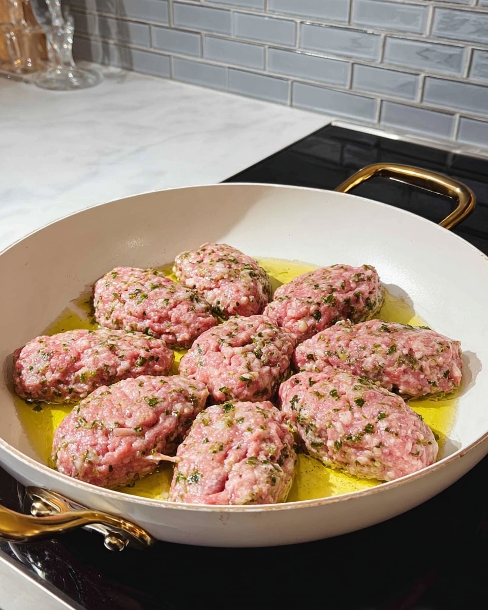 A white pan with a gold handle contains twelve raw, oval-shaped meat pieces arranged in a circle, each piece speckled with green herbs and visible bits of onion, lying in a shallow layer of yellow cooking oil. The meat is pink with a coarse texture and uneven surfaces, showing fresh minced ingredients throughout. The pan sits on a black stove, backed by a grey and white tiled wall, with a white marbled counter surface visible. photo taken with an iphone --ar 4:5 --v 7