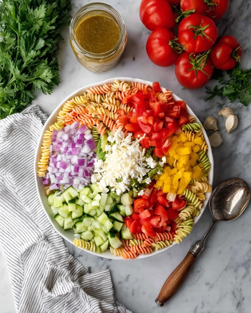 A large white bowl filled with three-color rotini pasta, showing layers of orange, green, and cream spirals mixed evenly. Scattered among the pasta are small chunks of red tomatoes, sliced cucumbers with dark green edges, tiny pieces of red onion, and bright yellow pepper slices. The salad is sprinkled with chopped green herbs and bits of white cheese, all sitting on a white marbled surface, with a blurred background of cherry tomatoes and wooden pepper grinders. Photo taken with an iphone --ar 4:5 --v 7