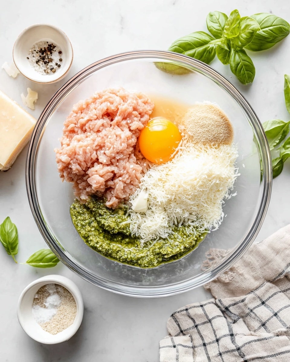 A clear glass bowl placed on a white marbled surface holds several ingredients: a large portion of pale pink ground meat on the left, a raw yellow egg yolk near the top right, a light beige powder beside the yolk at the top right, a mound of white grated cheese at the bottom right, and a bright green pesto sauce at the bottom left. There are small black pepper and white salt sprinkles on the meat, and fresh green basil leaves scattered on the surface around the bowl. Nearby, small white bowls contain salt, pepper, and a block of Parmesan cheese on the left with some grated cheese beside it, and a soft striped cloth lies at the bottom right corner. Photo taken with an iphone --ar 4:5 --v 7