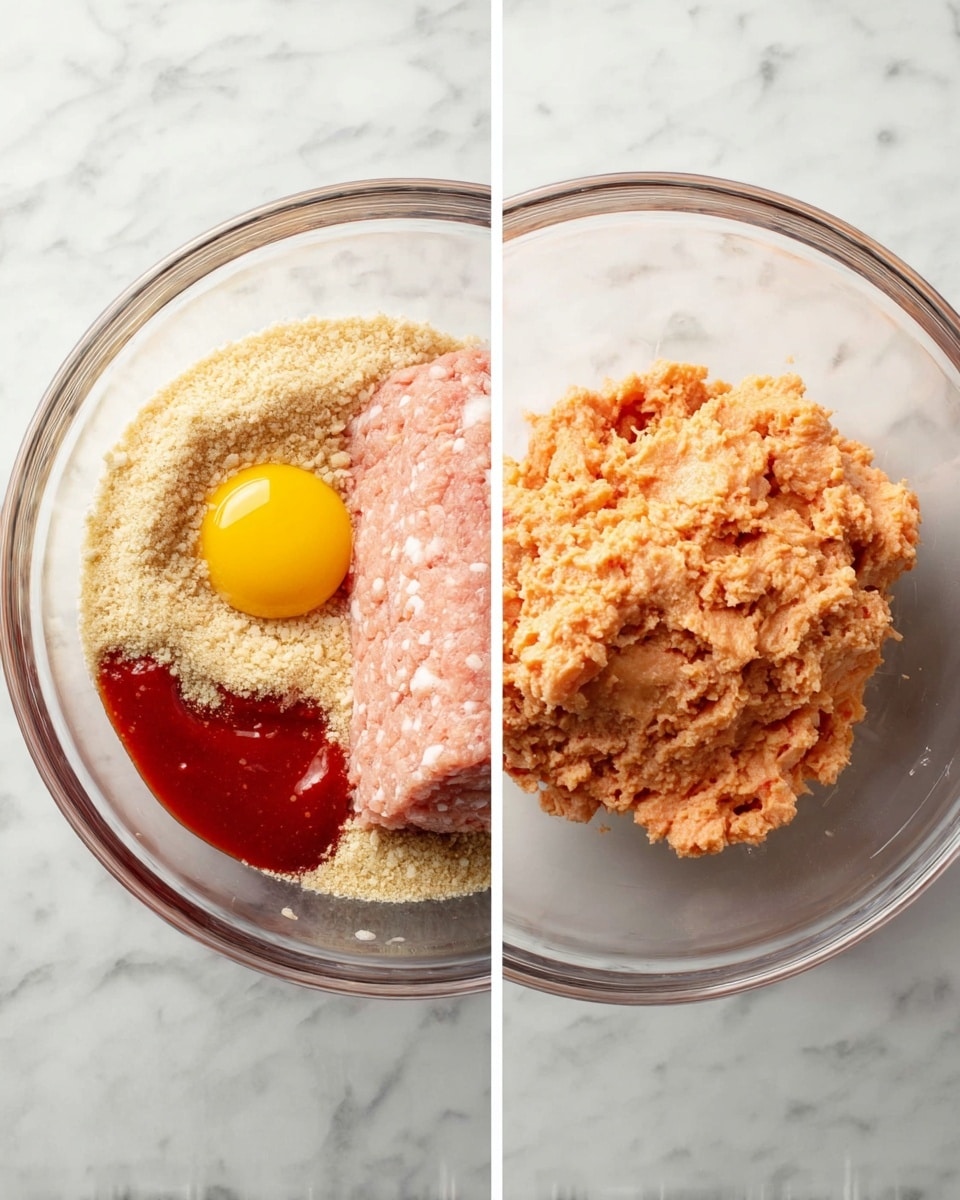 The image shows two side-by-side photos on a white marbled surface. On the left, a clear glass bowl holds four separate layers: a pale pink raw ground meat layer taking most of the bowl, a pile of light beige breadcrumbs on the left side, a whole raw egg with a bright yellow yolk at the bottom left, and a thick red sauce pooling on the right side all in one bowl. On the right, the same clear glass bowl contains a mixed, smooth pale orange meat mixture with a slightly chunky texture, spread evenly in the bowl. photo taken with an iphone --ar 4:5 --v 7