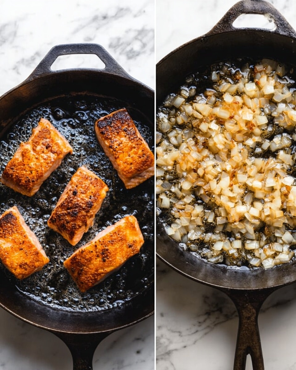 The image shows two cast iron pans on a white marbled surface. The pan on the left contains four golden brown pieces of salmon sizzling in bubbling oil, arranged in a loose square with two pieces at the top and two near the bottom. The salmon has a slightly crispy texture with visible char marks. The pan on the right has finely diced onions cooking in oil, showing a mix of translucent white and light brown pieces that look soft and sautéed. Light bubbles of oil surround the onions, indicating gentle frying. photo taken with an iphone --ar 4:5 --v 7