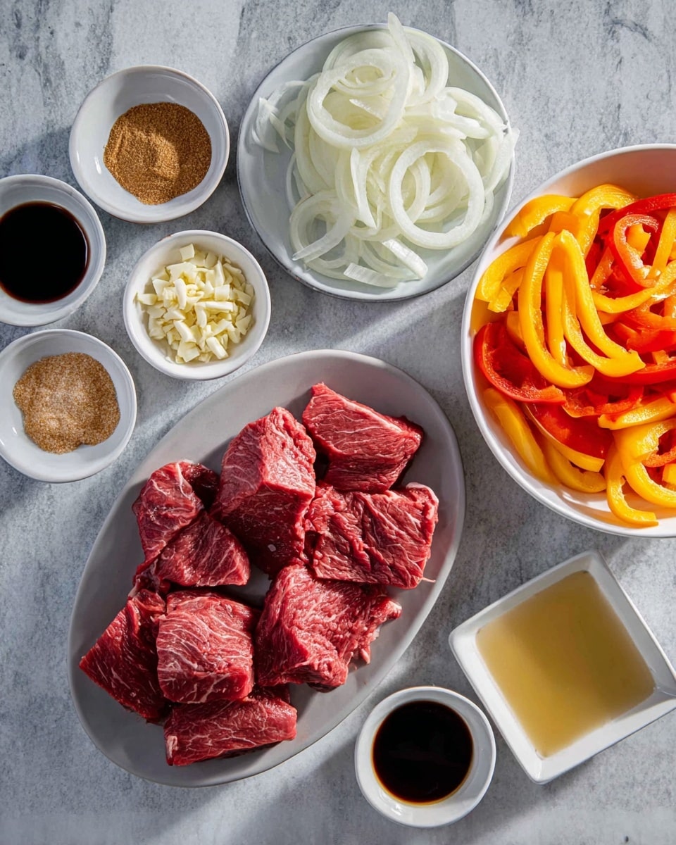 An overhead view of several small white bowls and plates arranged on a white marbled surface, each holding different ingredients for cooking. In the center is an oval white plate with six thick, raw red beef pieces with visible marbling. To the top right, a round white bowl is filled with bright orange and yellow bell pepper strips. Above the beef, a white bowl contains thin, translucent white onion rings. Small bowls with minced garlic and minced ginger sit near the edges, along with small containers holding brown sugar, a dark liquid, a golden liquid, and a square bowl with a pale yellowish liquid. The image has natural lighting and clear details. Photo taken with an iphone --ar 4:5 --v 7