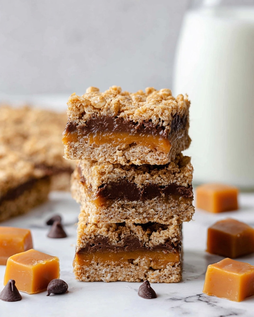 The image shows a stack of three layered bars with a crumbly light brown oat texture on the top and bottom layers, sandwiching a thick middle layer of dark brown chocolate mixed with caramel bits. The bars have a rough, crumbly surface with visible oat flakes and nut pieces. Around the stack on the white marbled surface are scattered caramel cubes and small dark chocolate chips, creating a cozy and inviting setting. In the background, there is a white glass filled with milk softly blurred. photo taken with an iphone --ar 4:5 --v 7