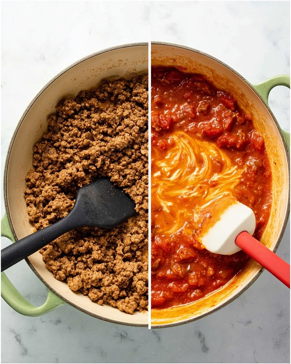 The image shows two stages of cooking ground meat in a round cream-colored pot with a green rim, sitting on a white marbled surface. On the left, the cooked ground meat is brown and crumbly, evenly spread in the pot with a black spatula resting inside it. On the right, the meat is mixed into a thick, orange-red sauce with visible chunks of tomatoes floating on the surface, and a white and red spatula stirring the mixture, creating swirls of lighter cream-colored sauce on top. Photo taken with an iphone --ar 4:5 --v 7