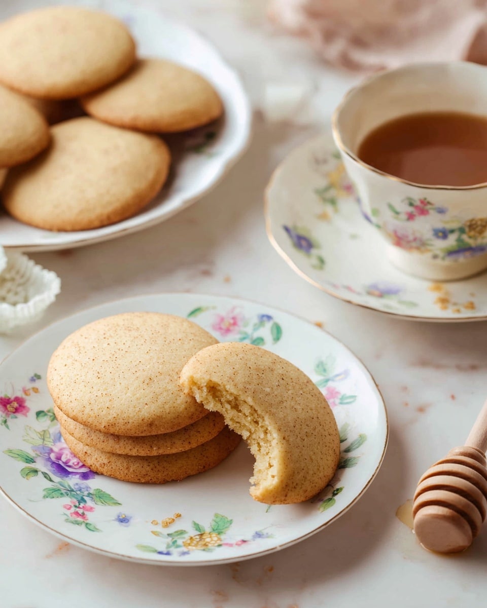 The image shows a close-up of round, light golden cookies with slightly darker edges. There are three cookies stacked on a white plate with delicate small floral patterns in blue, green, pink, and purple around the rim, and one cookie is broken in half on top, showing its soft inside texture. Another white plate with a similar floral pattern is filled with more cookies in the background. On the right side, there is a matching cup and saucer filled with coffee, and a wooden honey dipper lies near the cup on a white marbled surface. The scene is softly lit, evoking a warm, cozy feeling. photo taken with an iphone --ar 4:5 --v 7