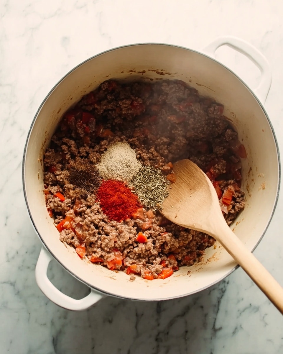 A large white pot sits on a white marbled surface. Inside the pot, there is a mixture of cooked ground meat with small pieces of red bell pepper spread evenly through it. On top, several different spices create a small, colorful pile near the center. A wooden spoon rests inside the pot, partly covered by the ingredients, showing a smooth light brown texture. Steam gently rises from the mixture, indicating it is hot. photo taken with an iphone --ar 4:5 --v 7