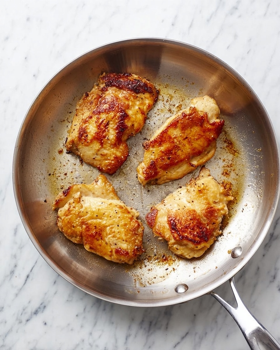 In a silver metal frying pan, there are four pieces of cooked chicken with golden brown and slightly crispy skin. Each piece shows a different shape and size, with some edges slightly darker from cooking. The pan has small bits of browned seasoning and oil on its shiny surface. The pan is placed on a white marbled surface that has gentle gray veins. photo taken with an iphone --ar 4:5 --v 7