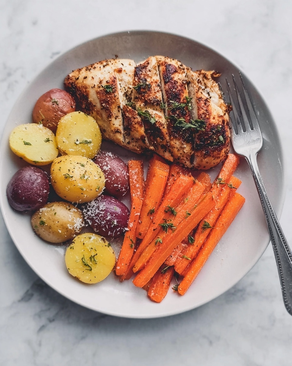 A white plate holds a simple meal with three parts: on the left side are small round potatoes in yellow and purple colors sprinkled with herbs and a light dusting of grated cheese; next to the potatoes, in the middle and right side, are bright orange carrot sticks cooked and topped with small green herb sprigs; above these vegetables sits a large piece of cooked chicken seasoned with black spices and herbs, browned on the top with some crispy edges. A fork is placed with its tip resting on the carrots. The whole scene is set on a white marbled surface. Photo taken with an iphone --ar 4:5 --v 7