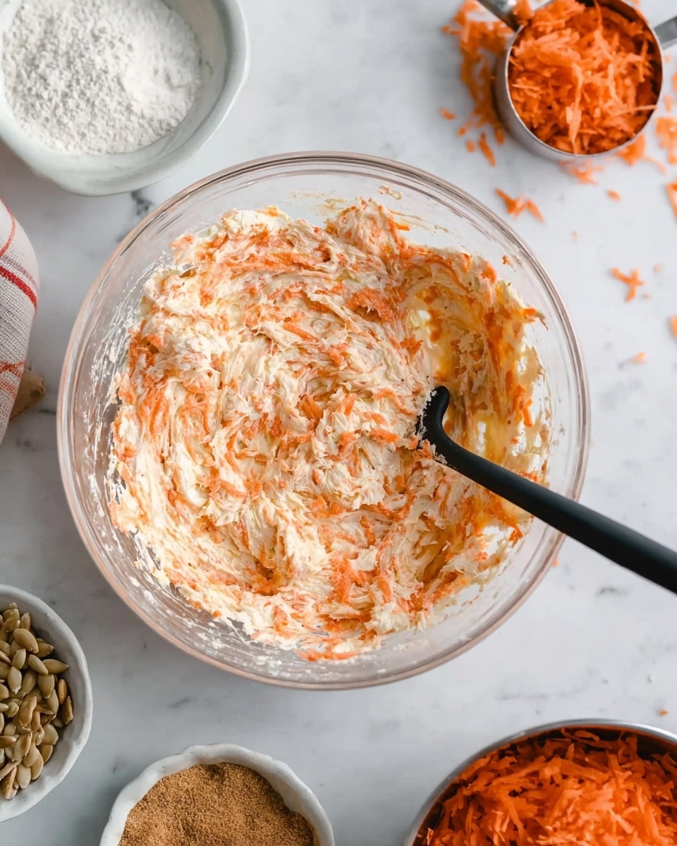 A clear glass bowl sits on a white marbled surface, filled with a creamy mixture that has swirls of orange grated carrot visible throughout. A black spatula is partially dipped into the mixture, resting inside the bowl. Around the bowl are small white dishes containing light brown powder and sunflower seeds, and a metal cup filled with more grated carrot. The scene has a casual, bright appearance, focusing on the texture and colors of the mixture and the tools nearby, photo taken with an iphone --ar 4:5 --v 7