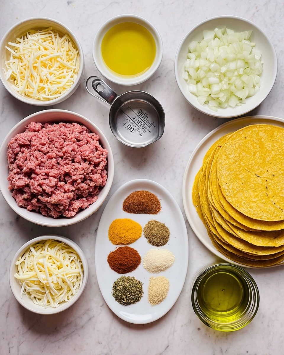The image shows a top view of several white bowls and a white plate arranged on a white marbled surface. At the center bottom, a white bowl holds raw ground meat, pink and finely textured. To its right, a white plate is stacked with many yellow corn tortillas, thin and slightly curled on the edges. Above the meat, a white bowl contains chopped white onions in small square pieces. To the left, another white bowl is filled with a mix of shredded white and orange cheese. At the top left corner, a small white bowl has a yellow liquid, likely oil. Next to it, a metal measuring cup marked