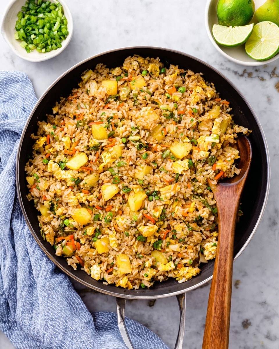 A large black pan filled with a colorful mix of fried rice, showing light brown rice grains mixed with small yellow scrambled egg pieces, chunks of bright yellow pineapple, orange shredded carrot strips, and green chopped herbs and scallions scattered evenly throughout. A wooden spoon rests inside the pan on the right side. The pan is on a white marbled surface with a white bowl of chopped green scallions near the top left and a white bowl with lime wedges at the bottom right, next to some whole limes. A blue and white striped cloth is placed under the bottom left of the pan. Photo taken with an iphone --ar 4:5 --v 7