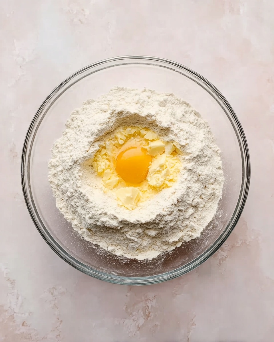 A clear glass bowl sits on a white marbled textured surface, filled with a mound of white flour. At the center of the flour is a raw egg yolk, bright yellow and smooth, surrounded by a small amount of softened butter that looks pale yellow and creamy. The ingredients are unmixed, showing clear layers of white flour, yellow egg yolk, and buttery bits on top. photo taken with an iphone --ar 4:5 --v 7