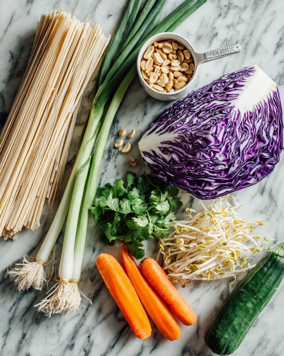 The image shows fresh vegetables and ingredients neatly arranged on a white marbled surface. On the left, there is a bundle of thin, light beige noodles, next to a small white measuring cup filled with light brown peanuts. Above, a wedge of purple cabbage with white veins stands out. Three long green onions lay horizontally in the center. To the right of them, a small bunch of fresh cilantro with green leaves lies close to a mound of pale yellow bean sprouts. In the bottom area, two small bright orange carrots are placed side by side, and a single fresh cucumber with dark green skin is on the far right. The whole setup looks fresh, colorful, and clean, photo taken with an iphone --ar 4:5 --v 7