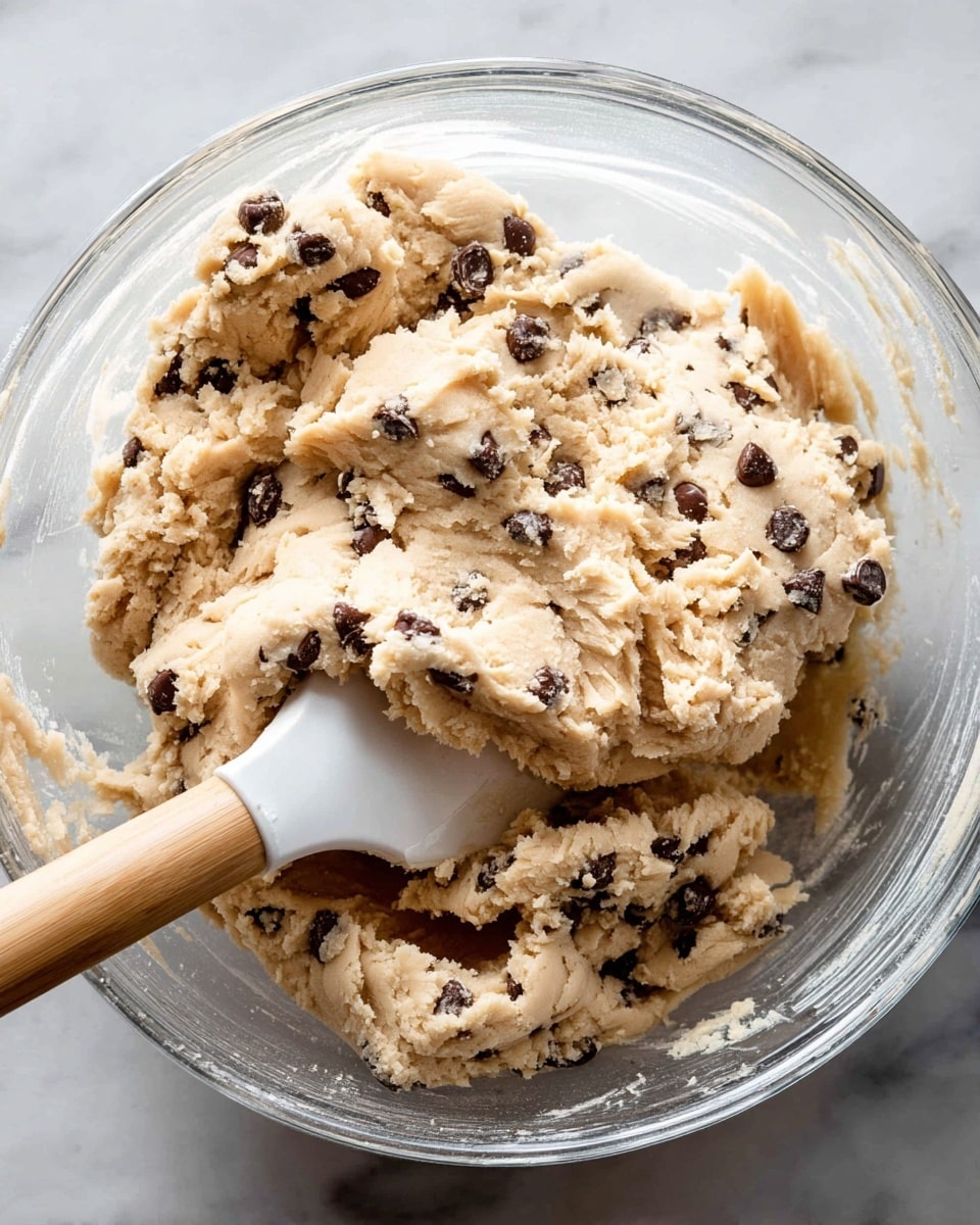 A clear glass bowl filled with thick, light beige cookie dough dotted with small dark chocolate chips. The dough looks soft and slightly chunky with a dense texture. A white rubber spatula with a light wooden handle is placed inside the dough, partially lifting and folding it. The bowl is set on a white marbled surface. Photo taken with an iphone --ar 4:5 --v 7