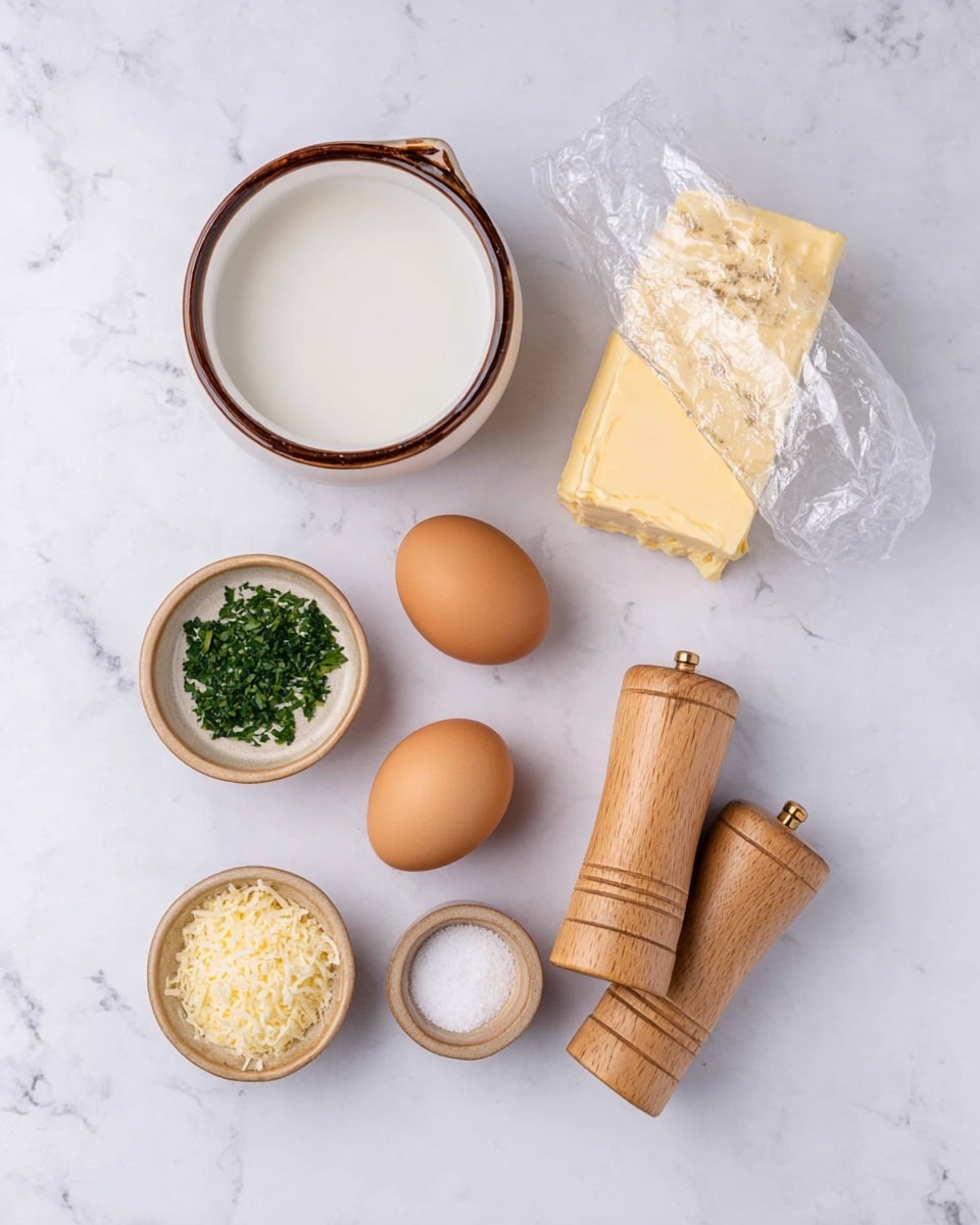 The image shows ingredients laid out on a white marbled surface, including two brown eggs placed near the center, a partially unwrapped block of yellow butter to the right, and two wooden salt and pepper grinders below the butter. There is a white bowl with a brown rim filled with a white liquid at the top left, and three small light brown bowls below it; one holds green chopped herbs, another white granulated sugar, and the last one light yellow grated cheese. The items are arranged neatly with space between them, creating a clean and simple layout photo taken with an iphone --ar 4:5 --v 7