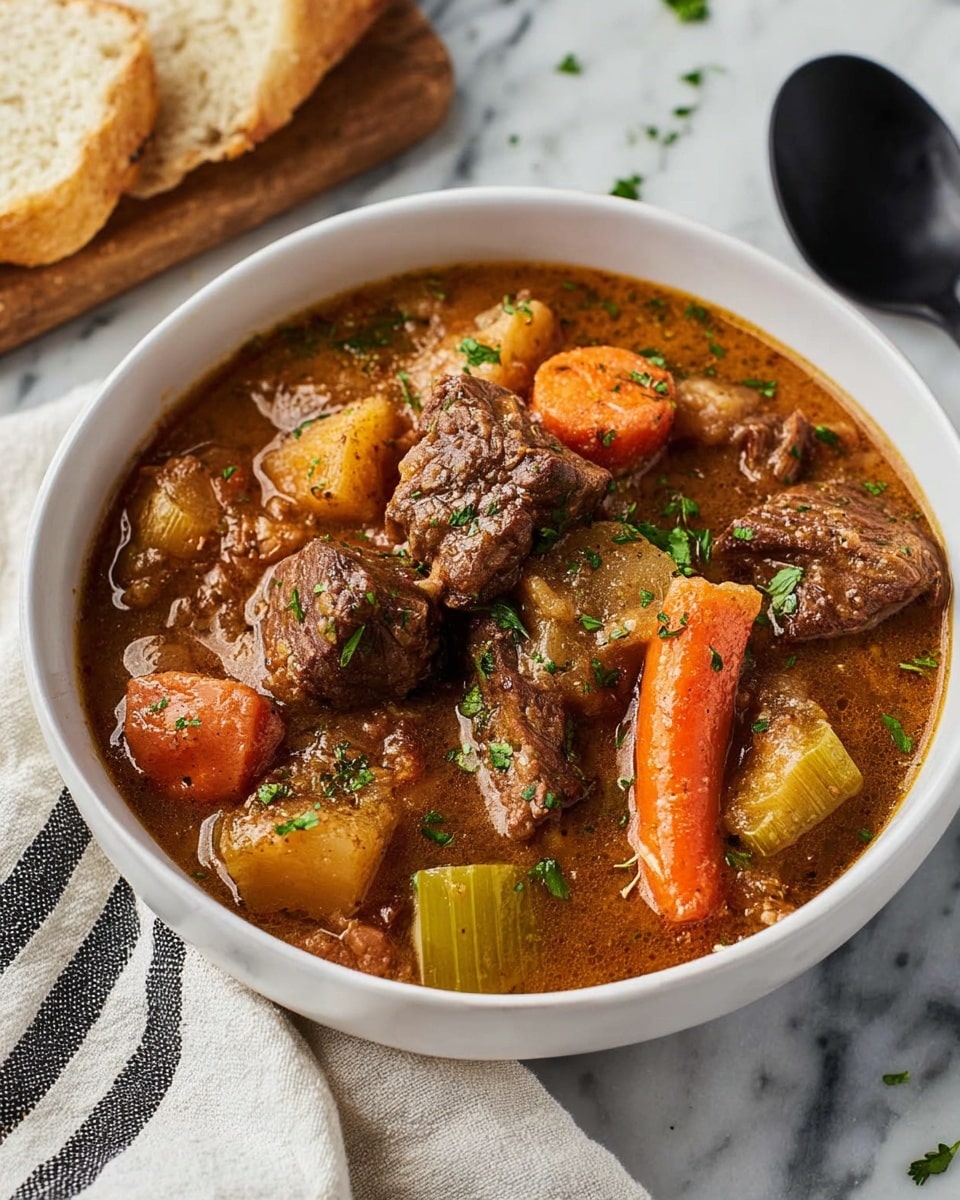 A white bowl filled with a thick beef stew that has three main visible layers: large pieces of brown beef, bright orange carrots, and light green celery in a rich brown broth with small green herb pieces sprinkled on top. The bowl sits on a white marbled surface, next to a piece of white bread on the upper left and a black spoon on the right. A white cloth with black stripes is partly visible under the bowl on the left side. The stew looks hearty and chunky with a mix of smooth broth and textured vegetables photo taken with an iphone --ar 4:5 --v 7