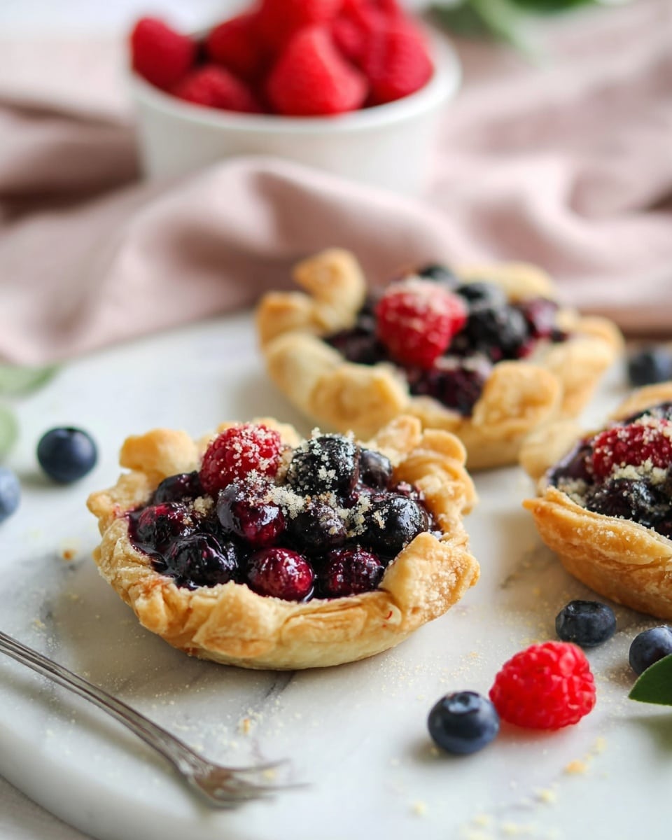 The image shows three small round tarts made with golden brown, flaky crust folded up around the edges, sitting on a white marbled surface. Each tart has a filling of dark blue blueberries mixed with deep red raspberries, topped with a sprinkle of crushed crumbs. Around the tarts, a few loose blueberries and a bright red raspberry lie scattered. In the background, there is a white bowl filled with more raspberries, a soft pink cloth, and a silver fork resting next to the tarts. The scene is soft and bright with natural light, focusing on the texture and colors of the fruit and crust. photo taken with an iphone --ar 4:5 --v 7