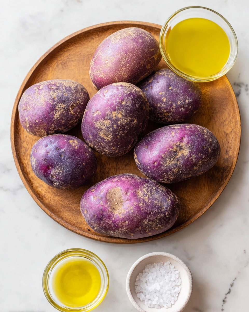 A round wooden plate holds seven oval purple potatoes with some dirt patches and rough textures scattered on their skins. The plate sits on a white marbled surface. Nearby, there is a small, clear glass container with bright yellow olive oil and a white bowl with coarse white salt inside. The scene is bright and clear, showing natural colors and details of the potatoes and items around. photo taken with an iphone --ar 4:5 --v 7