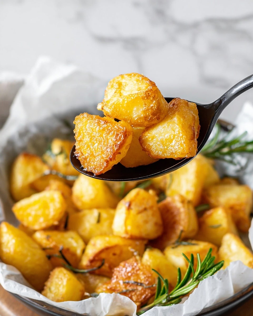 The image shows a close-up of a black spoon holding three golden crispy roasted potato pieces with a crunchy texture. Below, there is a bowl lined with white parchment paper filled with more golden roasted potato chunks, some having lightly browned edges for a crisp look. Sprigs of fresh green rosemary are scattered among the potatoes, adding a touch of green. The background is a white marbled texture, giving a clean and fresh feel to the scene. photo taken with an iphone --ar 4:5 --v 7