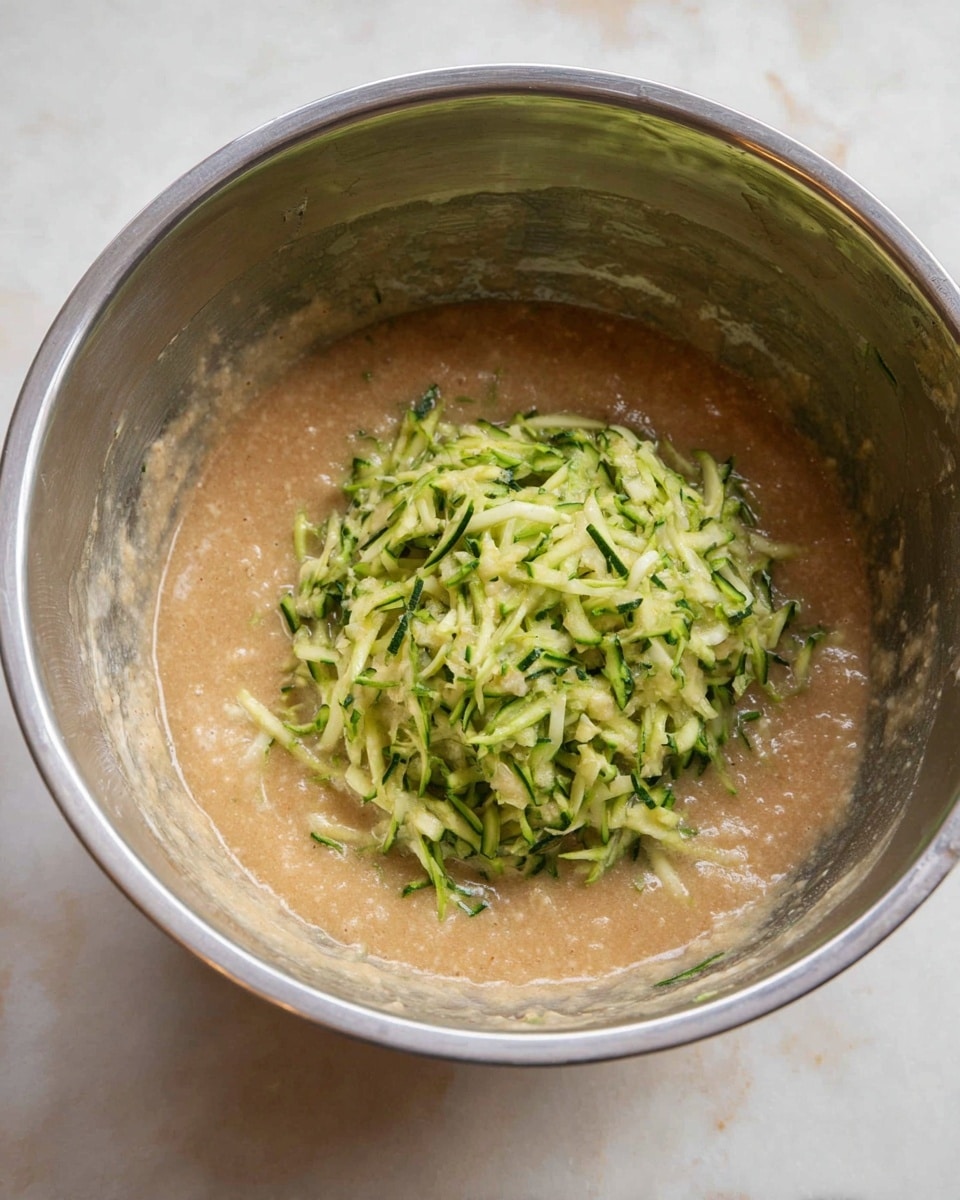 A large stainless steel bowl on a white marbled surface holds two clear layers: the bottom layer is a smooth, light brown batter with a thick texture, and the top layer is a pile of freshly grated green zucchini shreds that sit in the center, adding a fresh and moist contrast to the batter. photo taken with an iphone --ar 4:5 --v 7