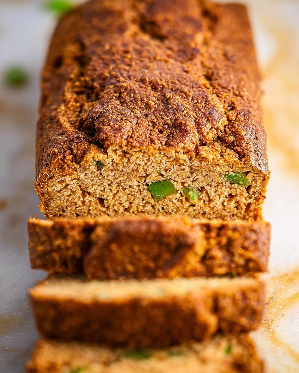 The image shows a close-up of a loaf of bread with a rough, crunchy brown crust on the top and sides. The loaf is partially sliced into thick pieces, revealing a moist, dense inside with bits of green vegetable pieces scattered throughout. The texture of the bread looks crumbly and grainy, and the crust has a slightly cracked appearance. The bread sits on a white marbled surface with a soft focus background. photo taken with an iphone --ar 4:5 --v 7