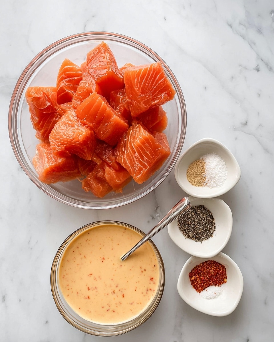 The image shows three clear and white bowls on a white marbled surface. The largest bowl at the top left is filled with bright orange chunks of raw salmon, each piece showing fat lines and a smooth texture. To the right, a smaller white bowl holds four distinct piles of spices: white salt, black pepper, reddish paprika, and a light beige powder. Below these, a medium-sized clear bowl contains a creamy, light orange sauce with small red specks, and a silver spoon rests inside it, its handle extending out of the bowl. The whole arrangement is bright and clean. photo taken with an iphone --ar 4:5 --v 7